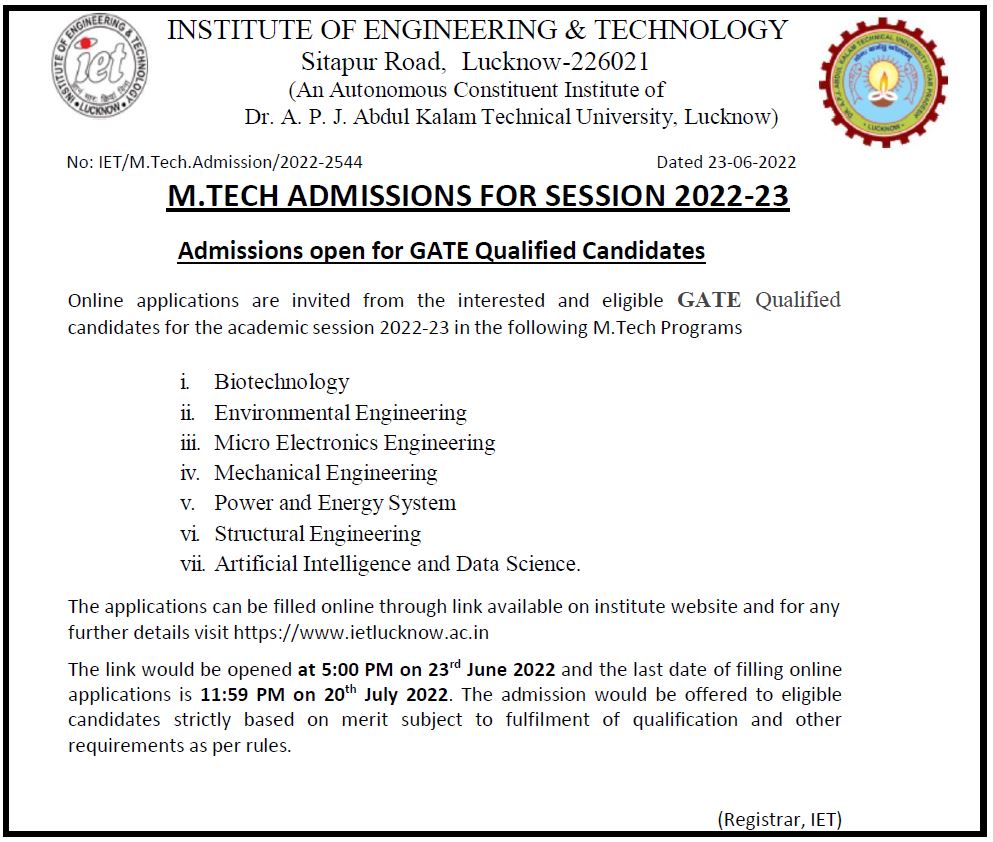 M Tech Admissions 2022-23 Phase I